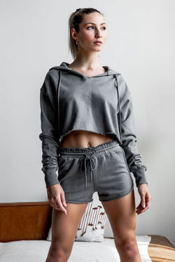 Grey Raw Edges Cropped Hoodie and Bottom Sets